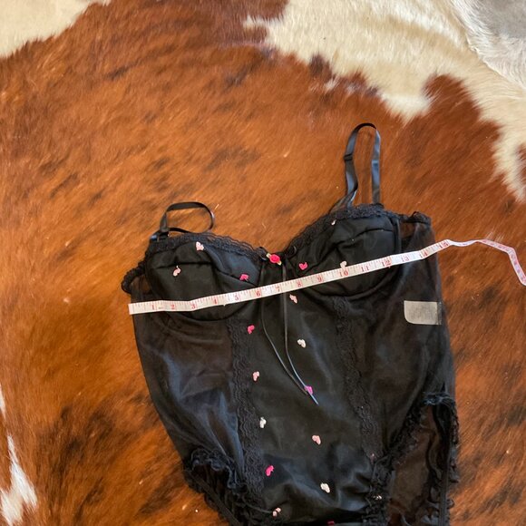 Vintage lingerie heart Lace Mesh Bodysuit high leg embroidered Size L Black - Picture 5 of 5